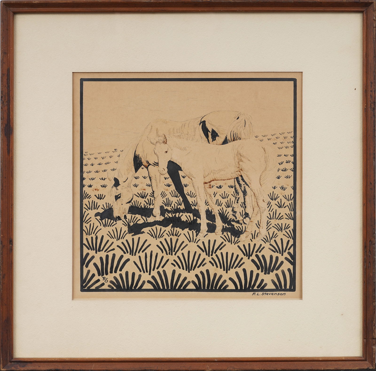 R. L. Stevenson Early 20th c. Horse and Foal Grazing Kansas Original Watercolor and Ink Painting (1 of 6)