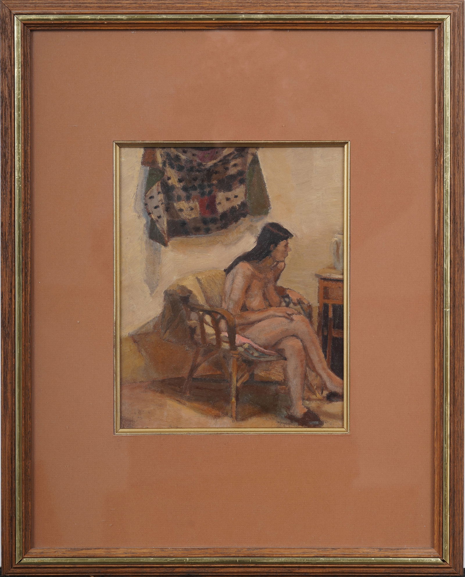 Vintage Intimate Nude Female Figure in Slippers Interior Original Framed Oil Painting: Vintage American oil painting. Framed. Measuring: 20 by 16 inches overall, and 10 by 8 painting alone. Please see all images for condition. Size is measured and written on the back of the painting or