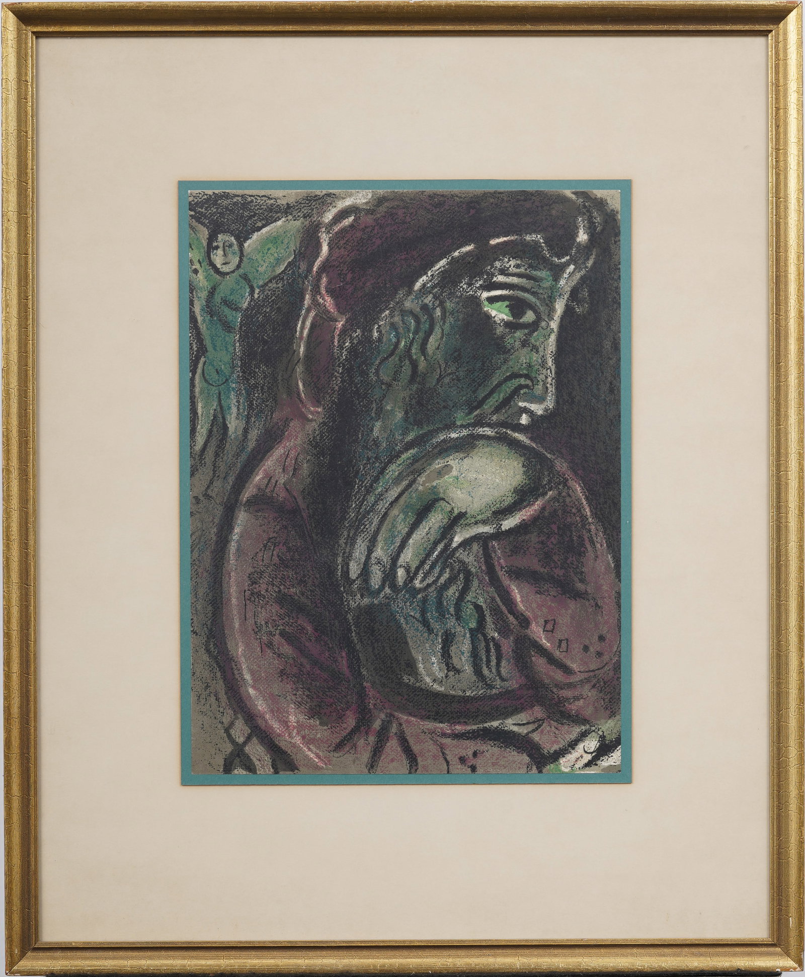 "Job in Despair" Marc Chagall Color Lithograph Framed: Vintage French color lithograph. Labeled verso. Framed. Measuring: 23 by 19 inches overall, and 14 by 10 painting alone. Please see all images for condition. Size is measured and written on the back o