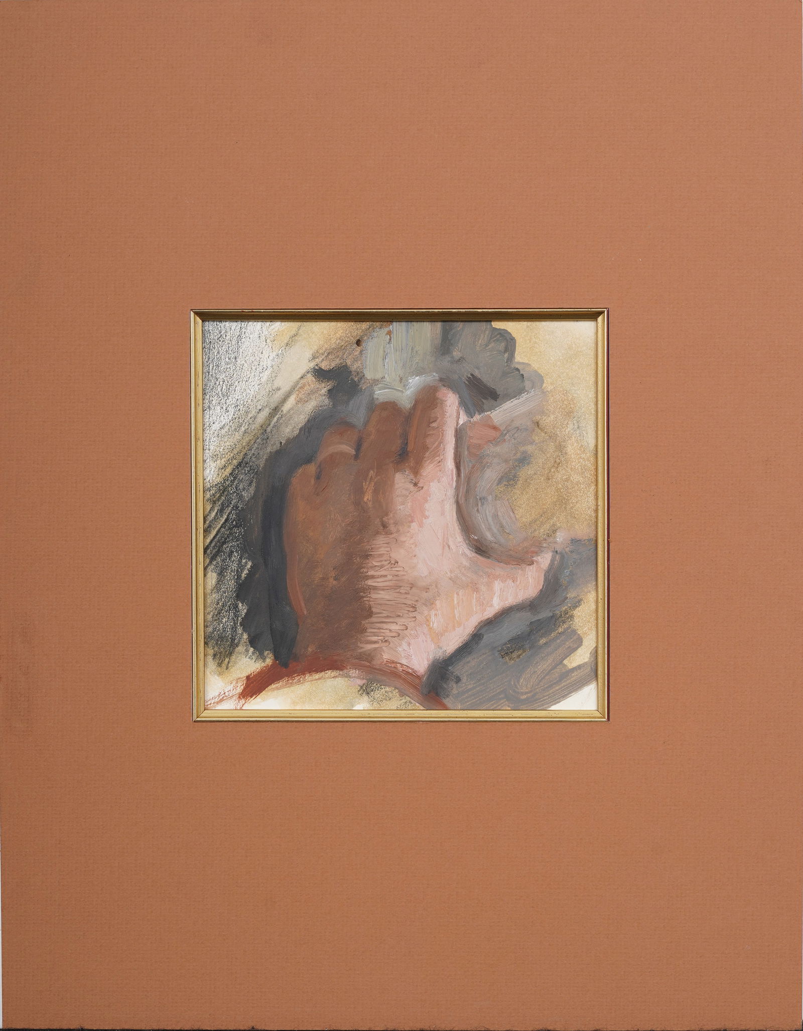 Vintage American Matted Married Man Hand Study Original Oil Painting on Paper: Vintage American oil painting. Measuring: 18 by 14 inches overall, and 6.75 by 6.75 painting alone. Please see all images for condition. Size is measured and written on the back of the painting or nex