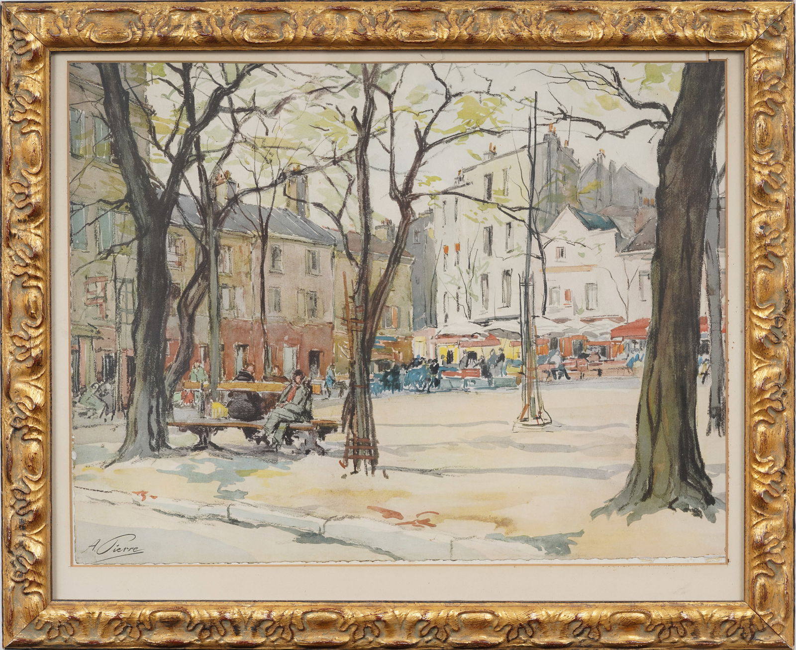 Signed Vintage French Street Scene Original Framed Watercolor and Pencil on Paper (1 of 11)