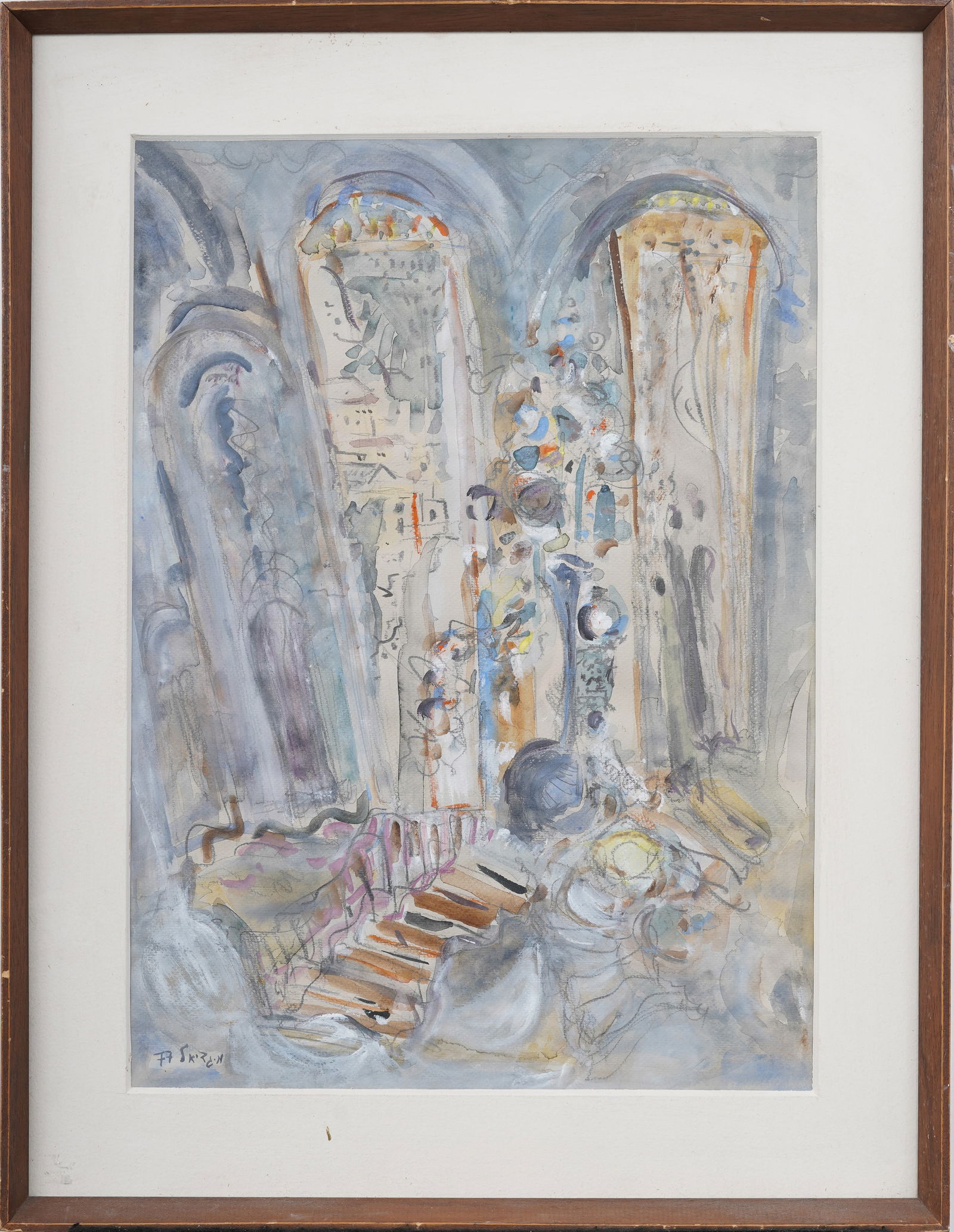 Vintage 1977 Colorful Abstract Cathedral Windows Original Framed Watercolor (1 of 11)