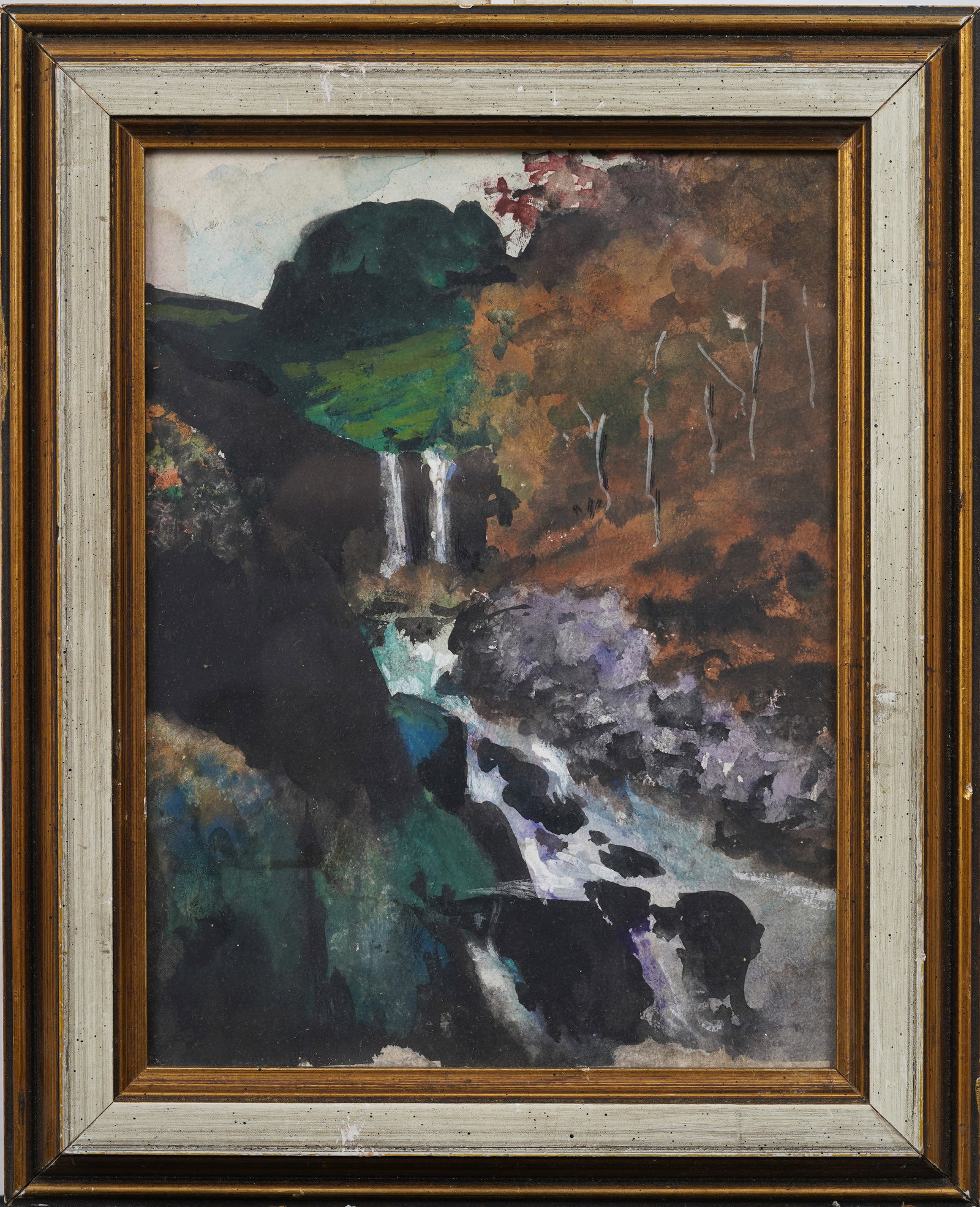 Vintage American Modernist Abstract Waterfall Framed Landscape Mixed Media Painting (1 of 5)