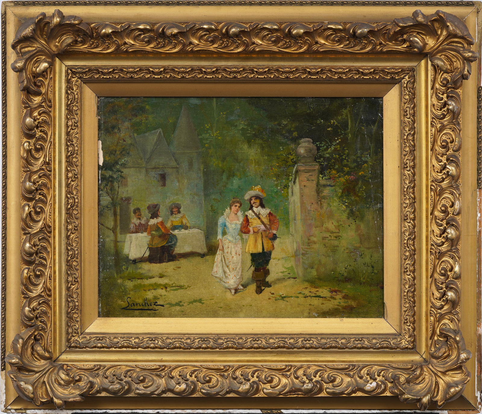 Antique Spanish Cavalier and Lady at the Banquet Ornately Framed Figural Oil Painting: Antique Spanish oil painting. Measuring: 20 by 23 inches overall, and 11 by 14 painting alone. Please see all images for condition. Size is measured and written on the back of the painting or next to