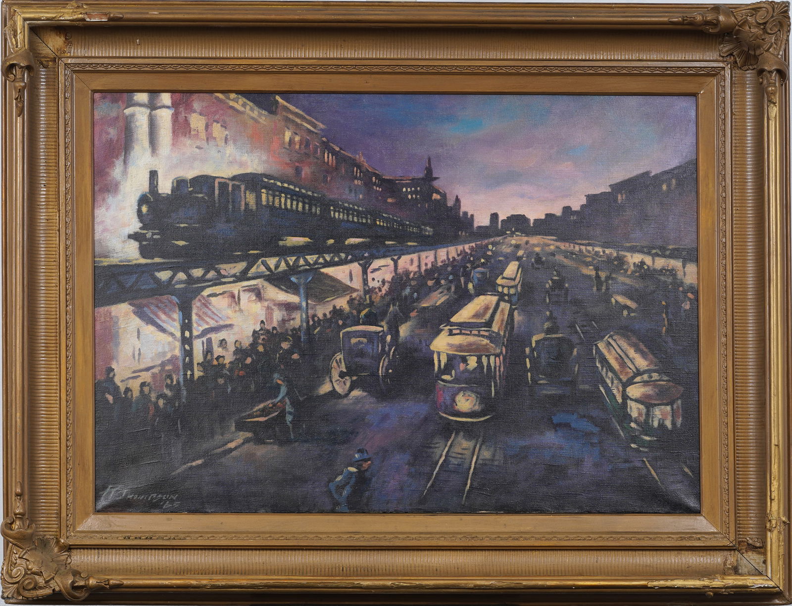 Large Vintage Framed New York Street Scene Nocturnal Original Oil Painting Signed "H Johnson" (1 of 9)