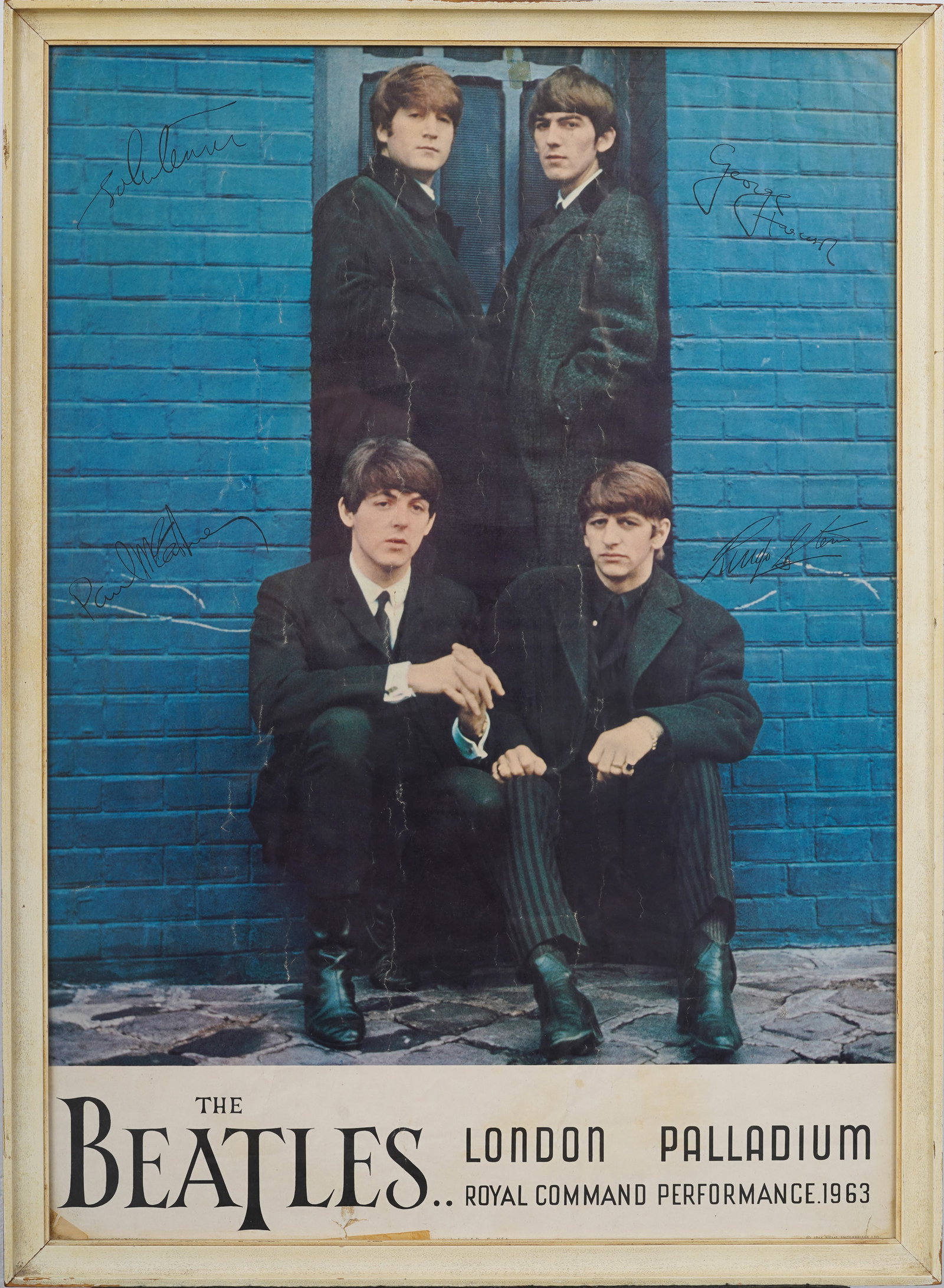 The Beatles at London Palladium 1963 Framed Tour Poster: Vintage framed poster. Measuring: 30 by 22 inches overall, and 27 by 19 image alone. Please see all images for condition. Size is measured and written on the back of the painting or next to each objec