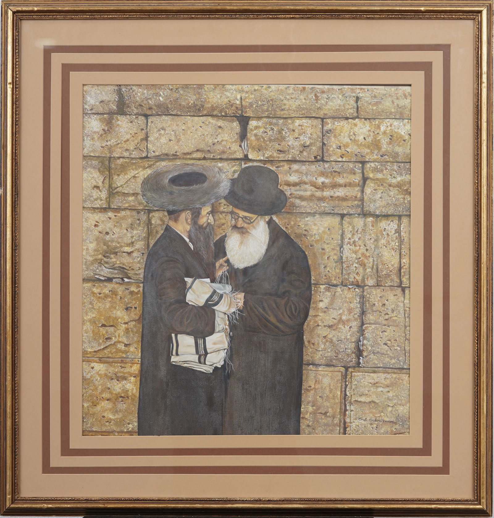 Sol Schreibman Rabbis in Intimate Debate Finely Painted Vintage Judaica Watercolor Painting: Vintage realist rabbi portrait painting. Measuring: 31 by 30 inches overall, and 22 by 20 painting alone. Please see all images for condition. Size is measured and written on the back of the painting