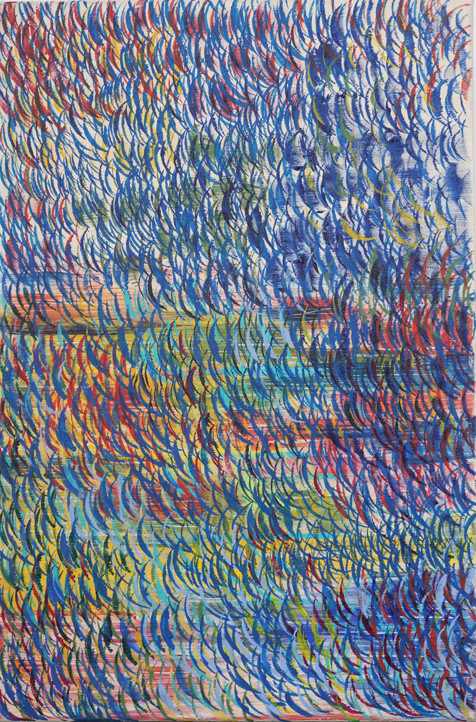 Large Vintage Abstract Patterned Modernist Acrylic Painting: Vintage American modernist oil painting. Measuring: 36 by 24 inches overall. Please see all images for condition. Size is measured and written on the back of the painting or next to each object. The f