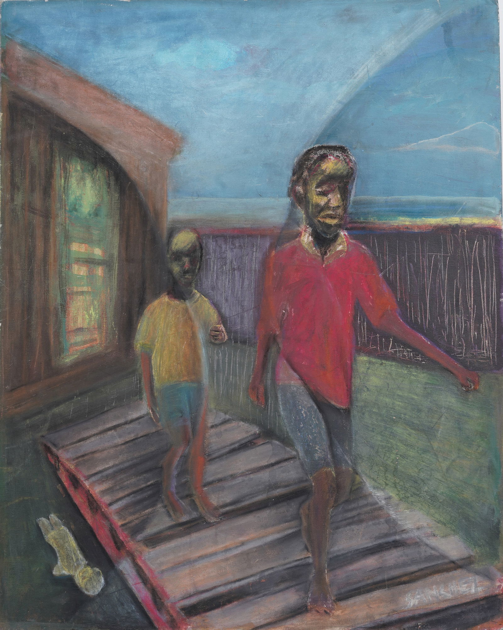 Vintage Caribbean Modernist Figural Mixed Media Painting Signed "Sanchez": Vintage American oil painting. Measuring: 24 by 30 inches overall. Please see all images for condition. Size is measured and written on the back of the painting or next to each object. The first size