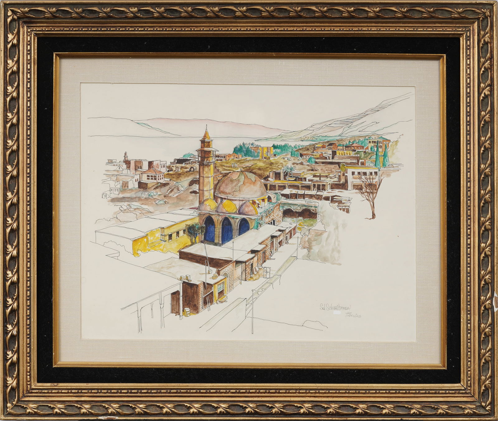 Sol Schreibman Vintage Judaica Tiberias Cityscape Framed Watercolor Painting (1 of 8)