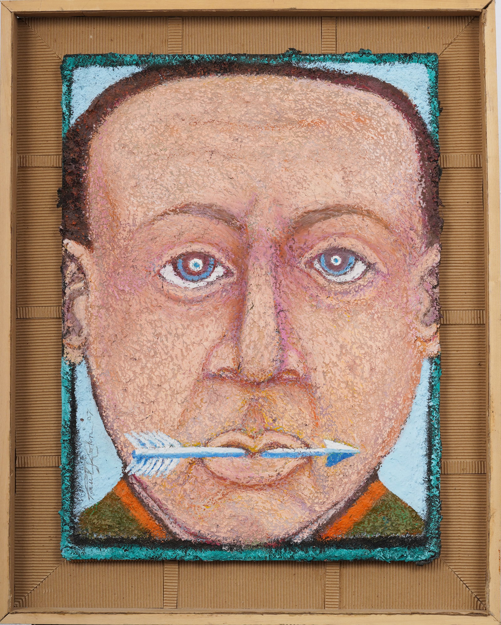 Contemporary "Arrow in Mouth" Portrait Textured Impasto Signed "Paul Kahn": 2007 American oil painting portrait. Measuring: 27 by 21 inches overall, and 21 by 16 1/2 painting alone. Please see all images for condition. Size is measured and written on the back of the painting