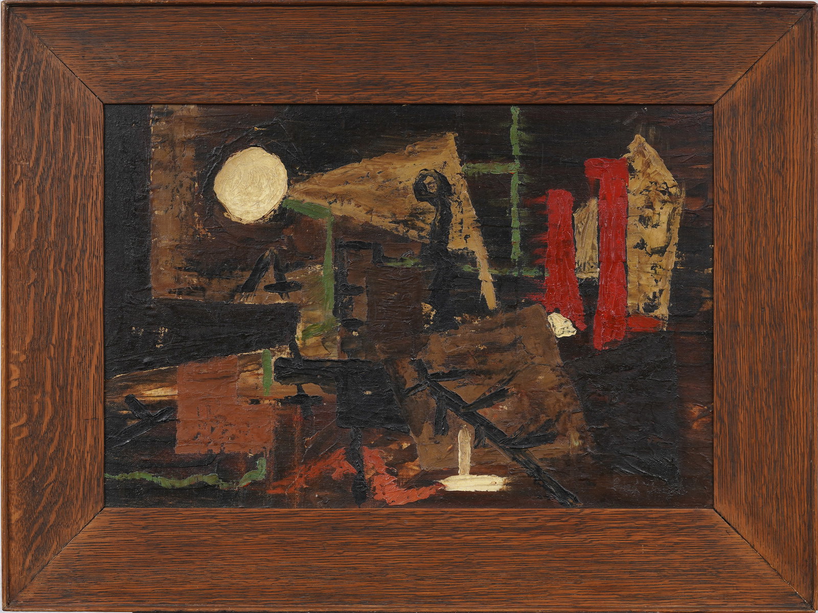 Vintage American Abstract Expressionist Framed Oil Painting: Vintage American oil painting. Measuring: 20 by 27 inches overall, and 13 1/2 by 20 1/2 painting alone. Please see all images for condition. Size is measured and written on the back of the painting or