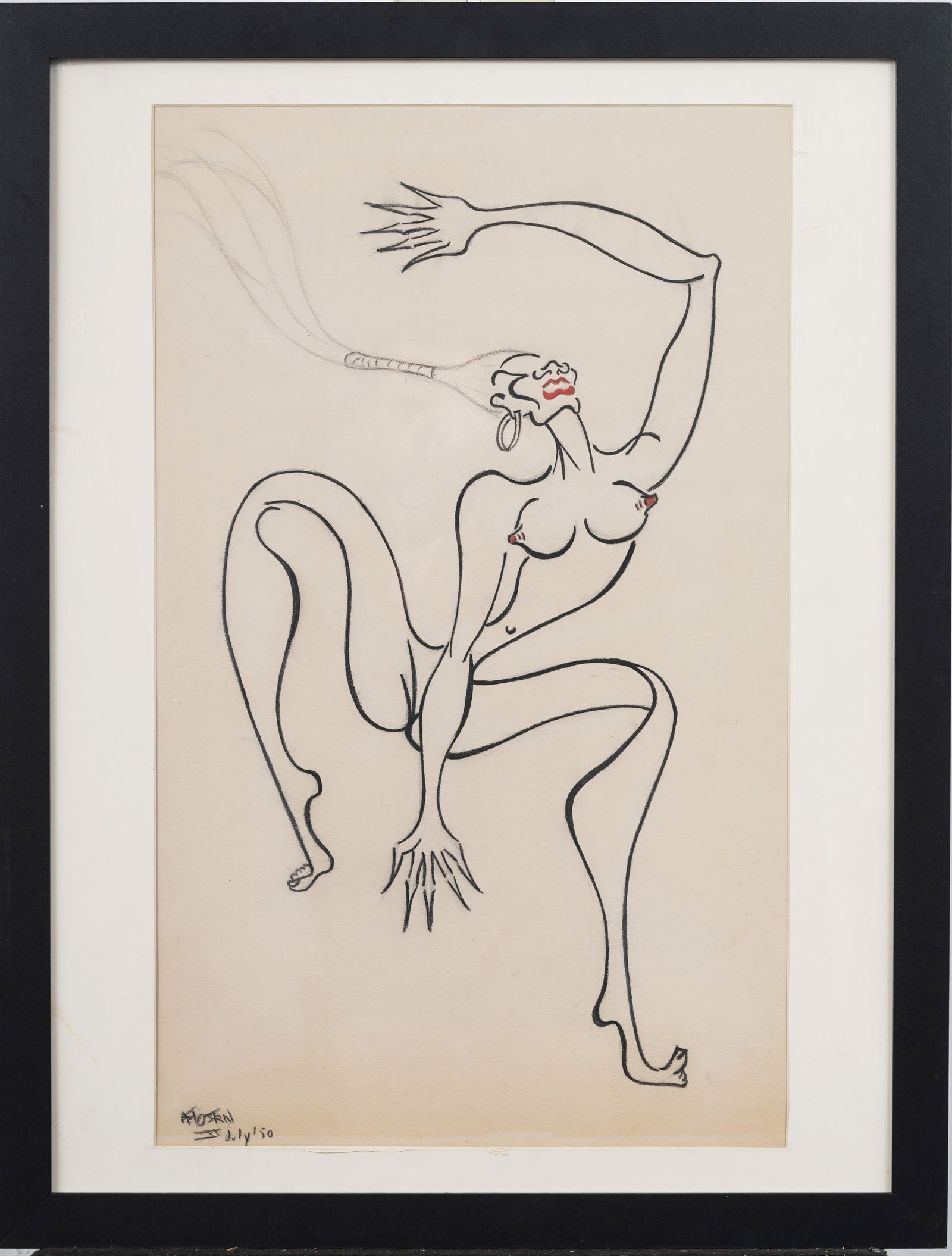 Dynamically Posed Mid Century Nude Dancer Illustration: Vintage American drawing. Signed and dated lower left. Measuring: 26 by 20 inches overall, and 21 by 13 1/2 image alone. Please see all images for condition. Size is measured and written on the back o