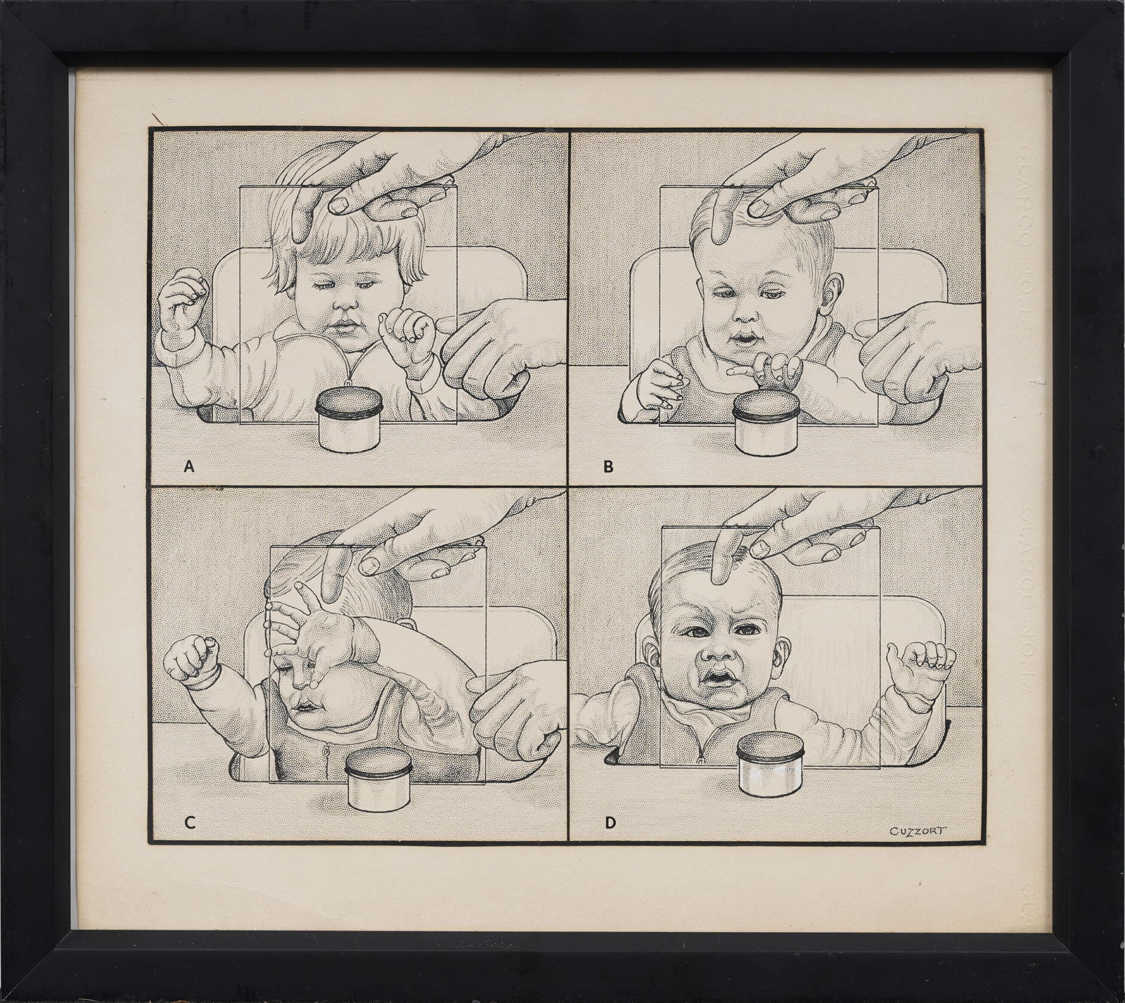 Humorous Four Panel Study of Babies Behind Glass signed "Cuzzort": Vintage American print. Measuring: 13 by 14 inches overall, and 9 by 10 1/2 artwork alone. Please see all images for condition. Size is measured and written on the back of the painting or next to each