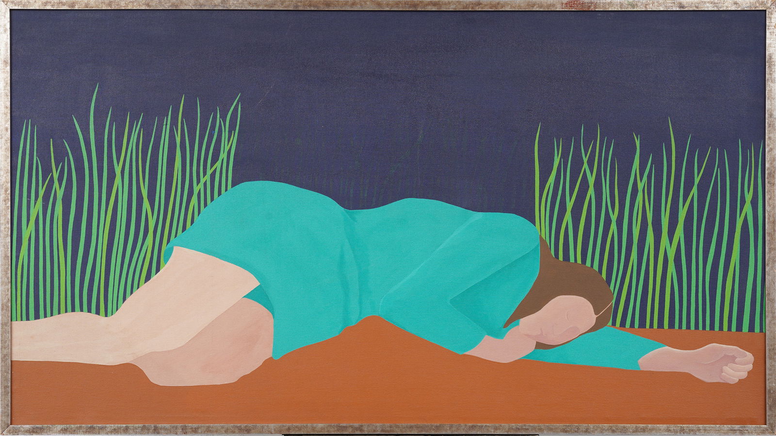 Circle of Alex Katz Vintage American Figurative Painting: Vintage American oil painting. Measuring: 31 by 53 inches overall, and 30 by 52 painting alone. Please see all images for condition. Size is measured and written on the back of the painting or next to