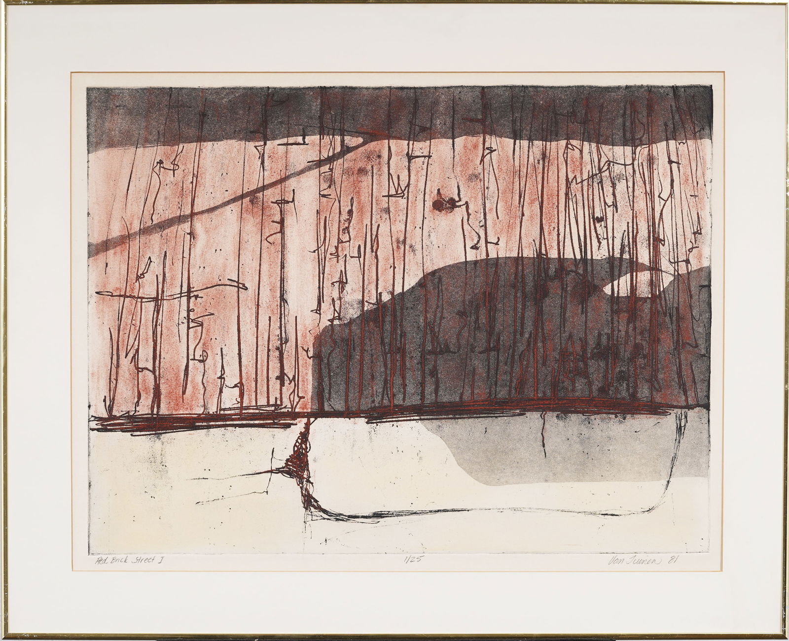 Debra Van Tuinen Vintage Framed 1981 American Lithograph "Red Brick Street 1": Vintage American lithograph. Ink on paper. Measuring: 24 by 30 inches overall, and 19 by 25 painting alone. Please see all images for condition. Size is measured and written on the back of the paintin