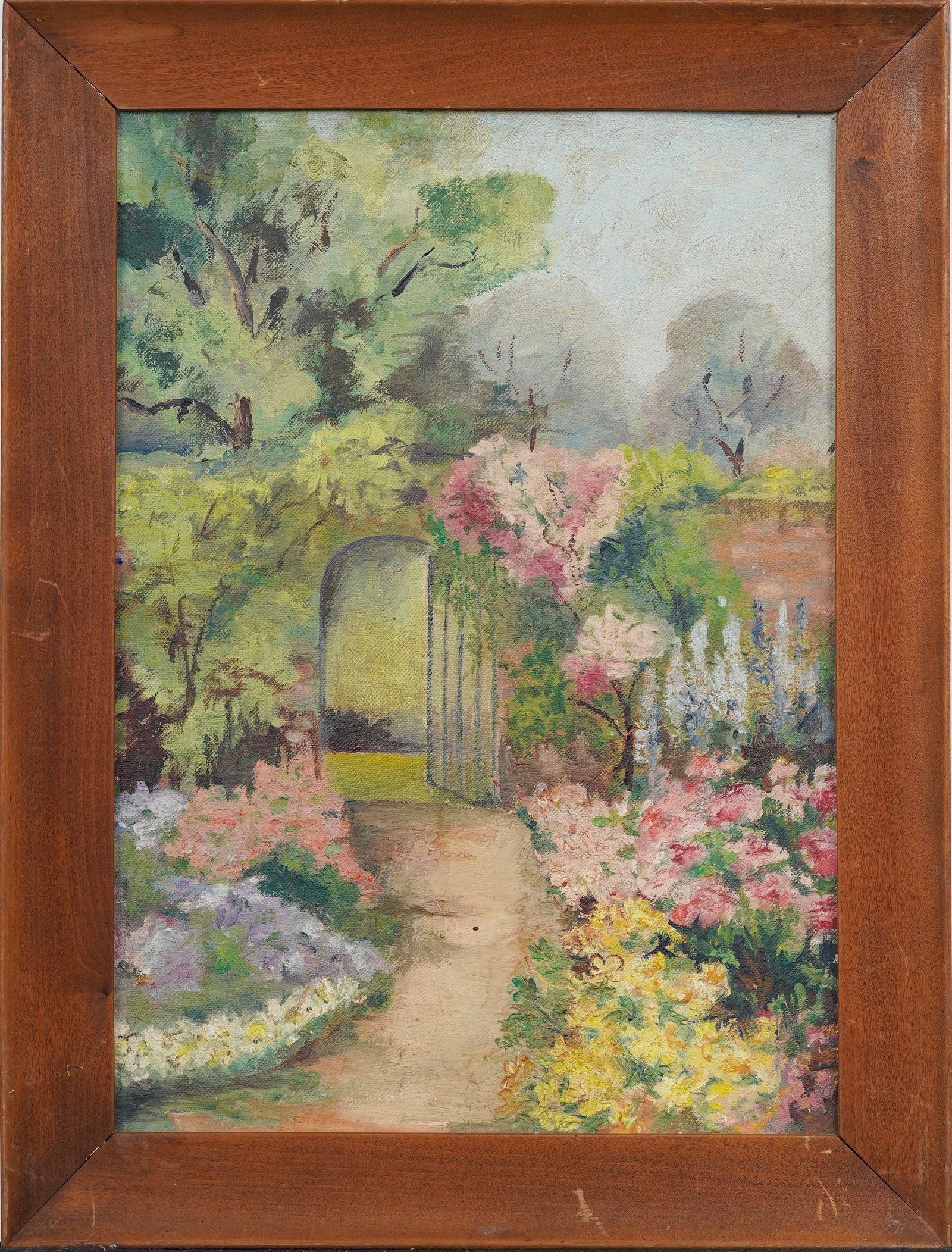 Vintage American Springtime Flower Garden Path Original Oil Painting on Board (1 of 7)