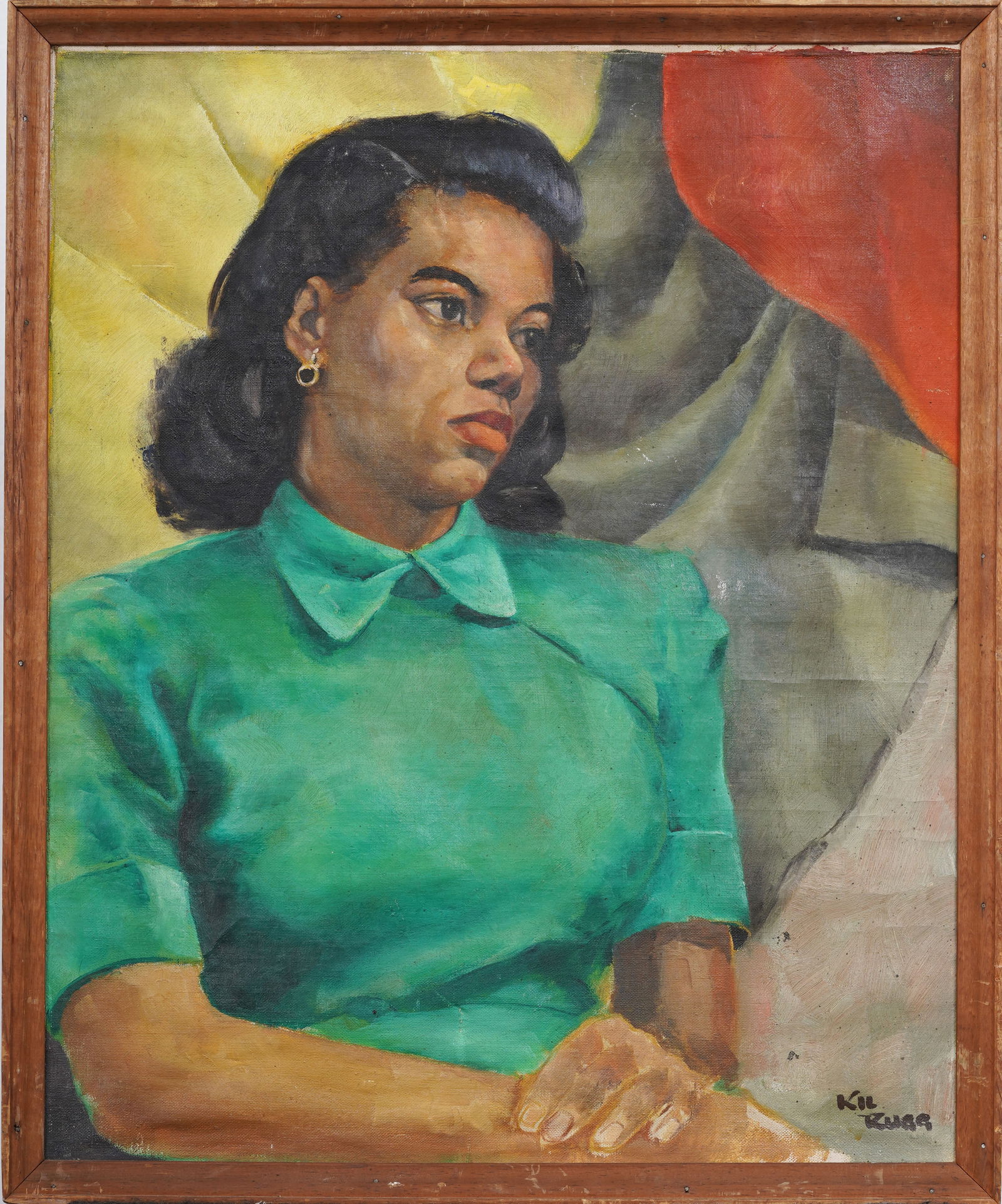 Signed Vintage American Black Woman in Green Dress Portrait Framed Original Oil Painting (1 of 6)