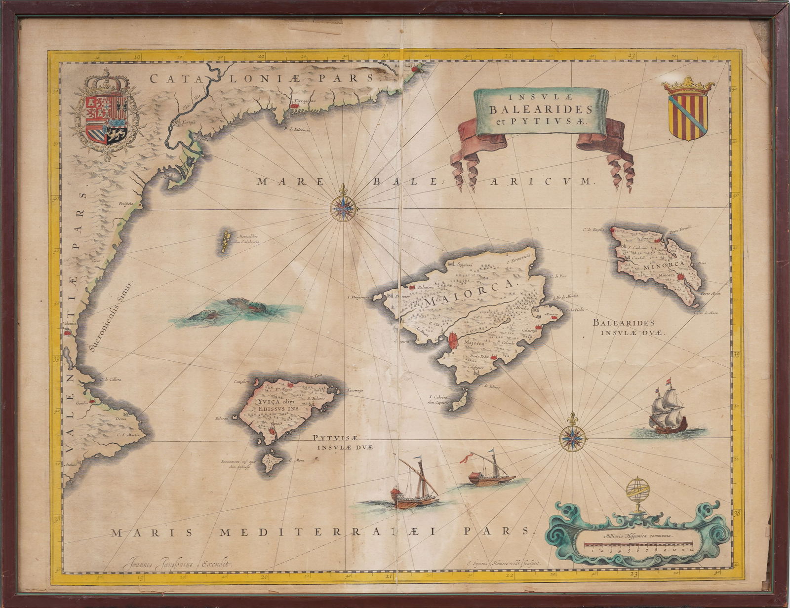 Antique European Map of Balearic Islands Mediterranean Sea Map with Ship and Sea Monster Details (1 of 6)
