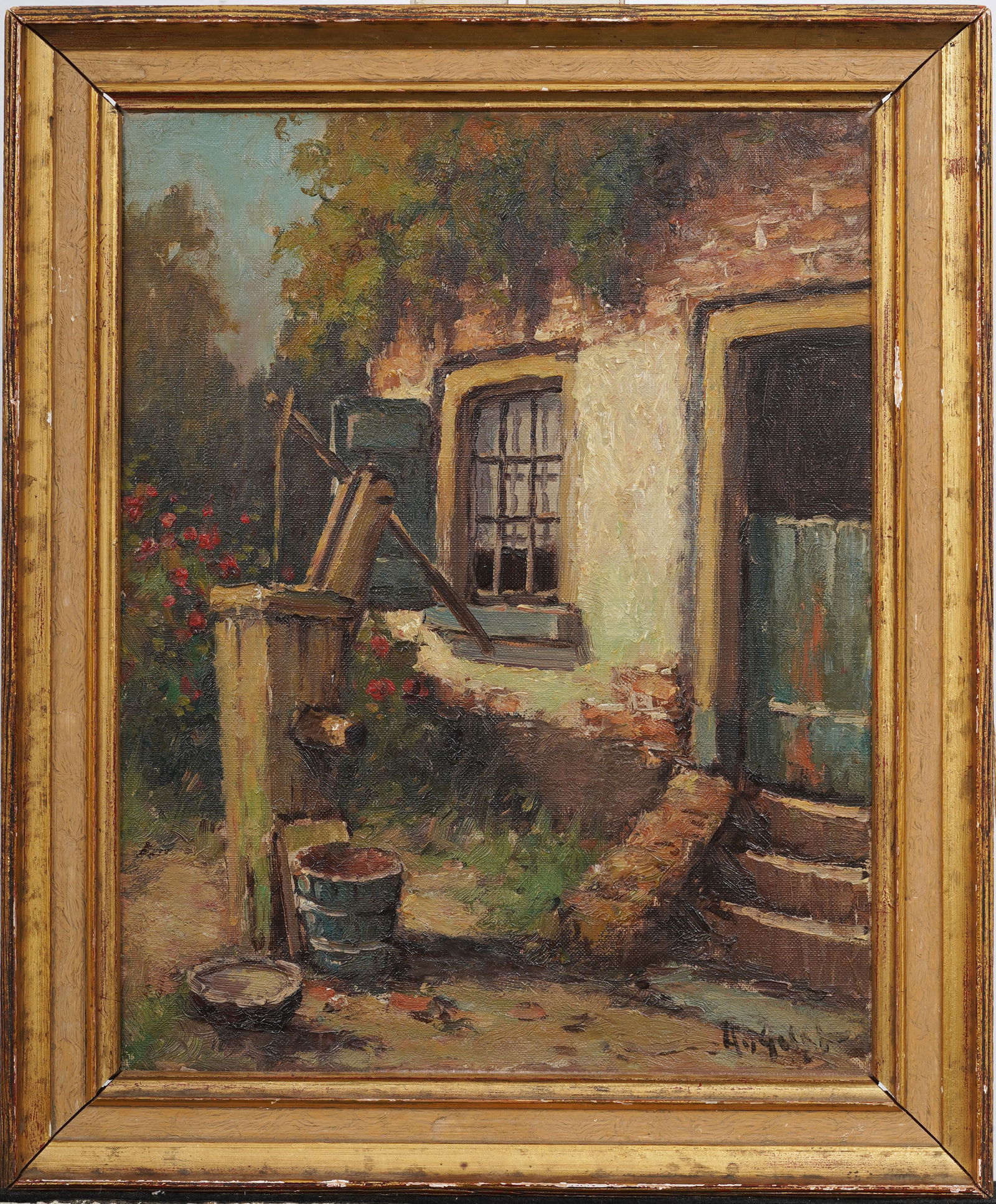 Vintage European Country Back Door Home Exterior Original Framed Oil Painting (1 of 5)