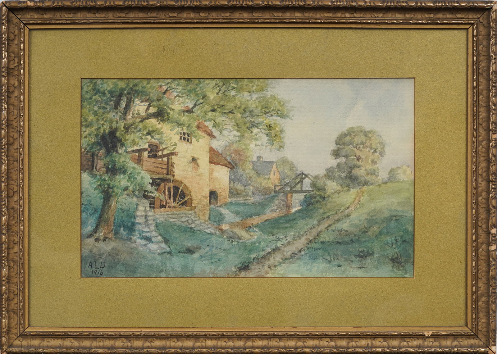 Antique American Impressionist Monogrammed Framed Landscape Painting: Antique American landscape painting. Watercolor on paper. Measuring: 13 by 18 inches overall, and 7 by 12 painting alone. Please see all images for condition. Size is measured and written on the back