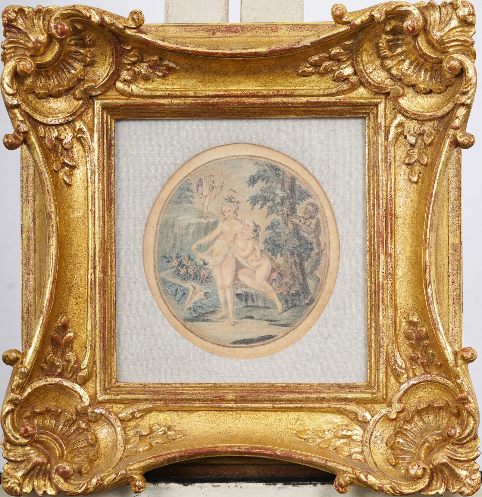 Antique European Amorous Engraving "Satyr Spies on Bathing Women" in Heydenryk Frame: Vintage European engraving. Measuring: 12 by 11 inches overall, and 5 by 4 artwork alone. Please see all images for condition. Size is measured and written on the back of the painting or next to each