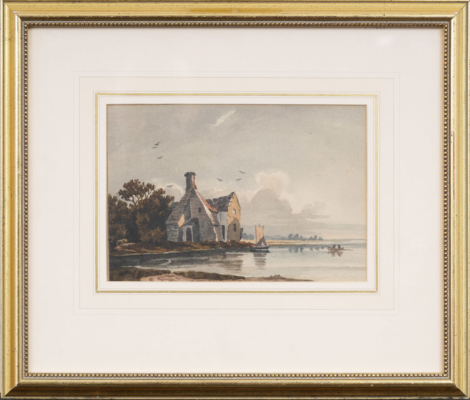 Antique European Lakeside Cottage Framed Watercolor Painting (1 of 4)