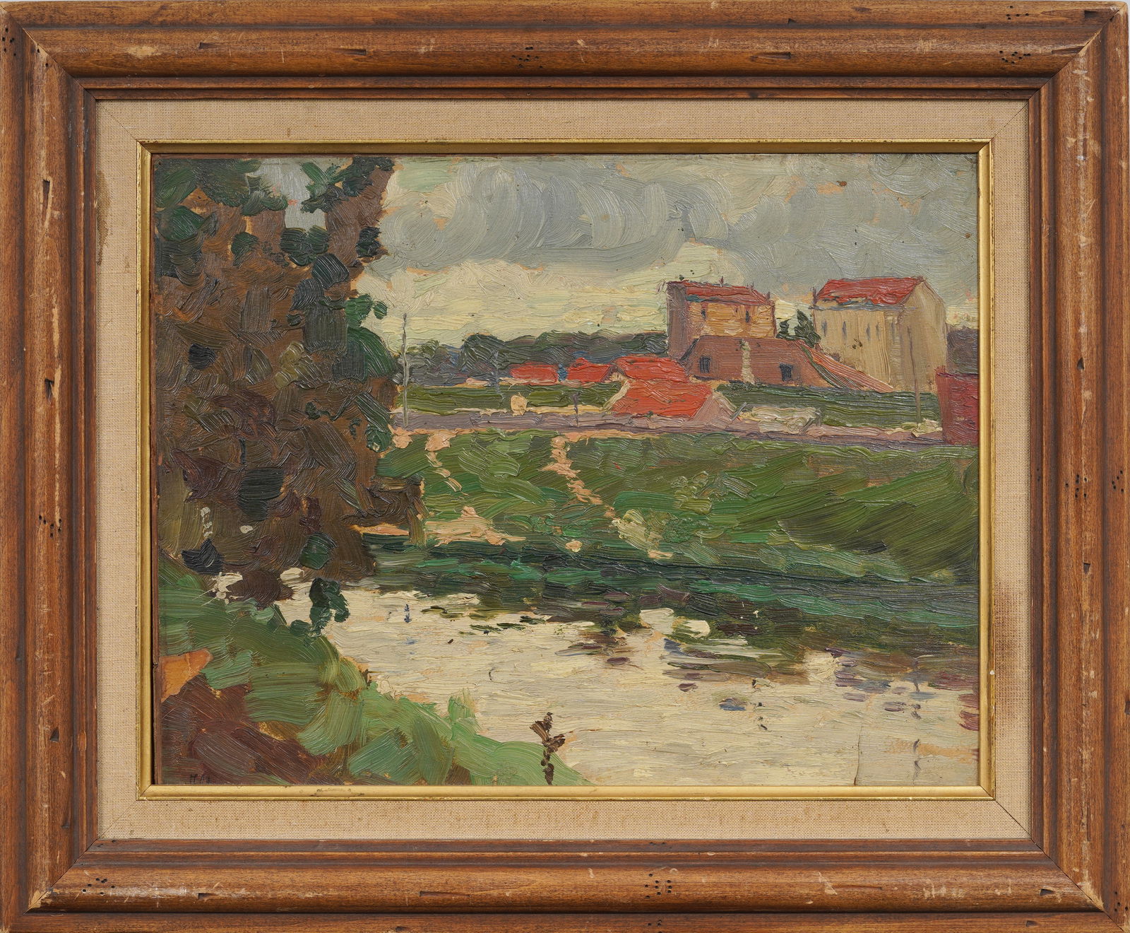 Antique European Impressionist Framed Village River Landscape Oil Painting (1 of 6)