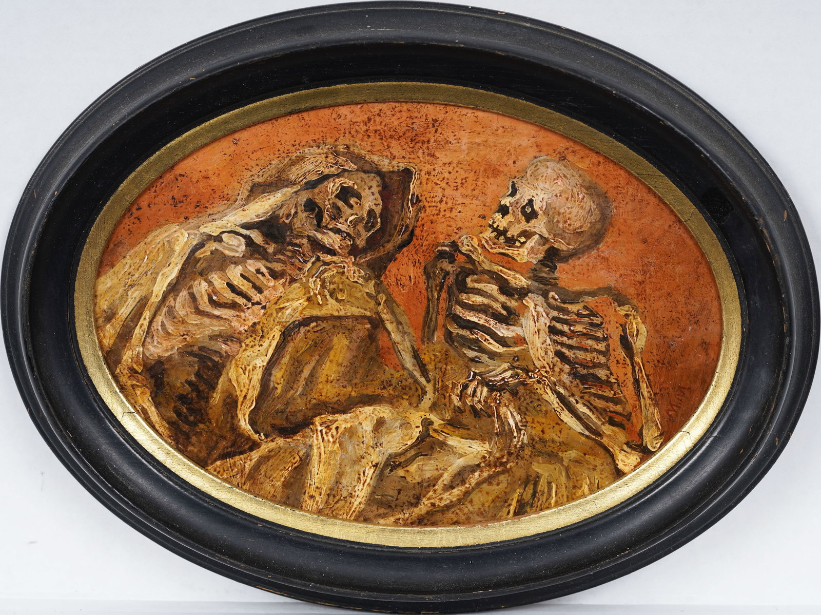Vintage American School Memento Mori Veiled Skeleton Embrace Original Still Life Oil Painting: Vintage American oil painting. Oil on board. Framed. Measuring: 6.25 by 8.5 inches overall, and 5 by 7 painting alone. Please see all images for condition. Size is measured and written on the back of