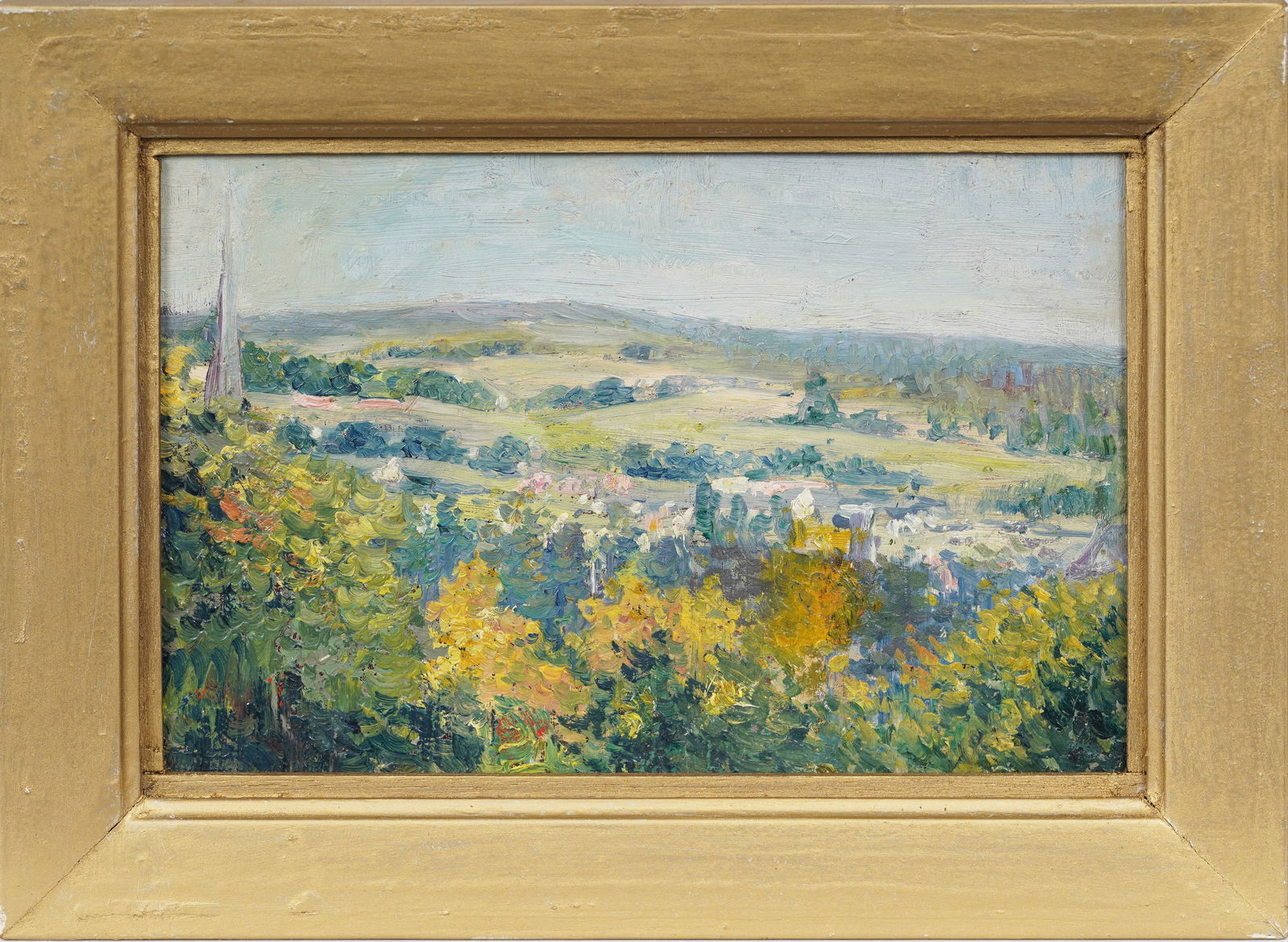 Vintage American Rural Hilltop Town Valley Landscape Original Framed Oil Painting (1 of 5)