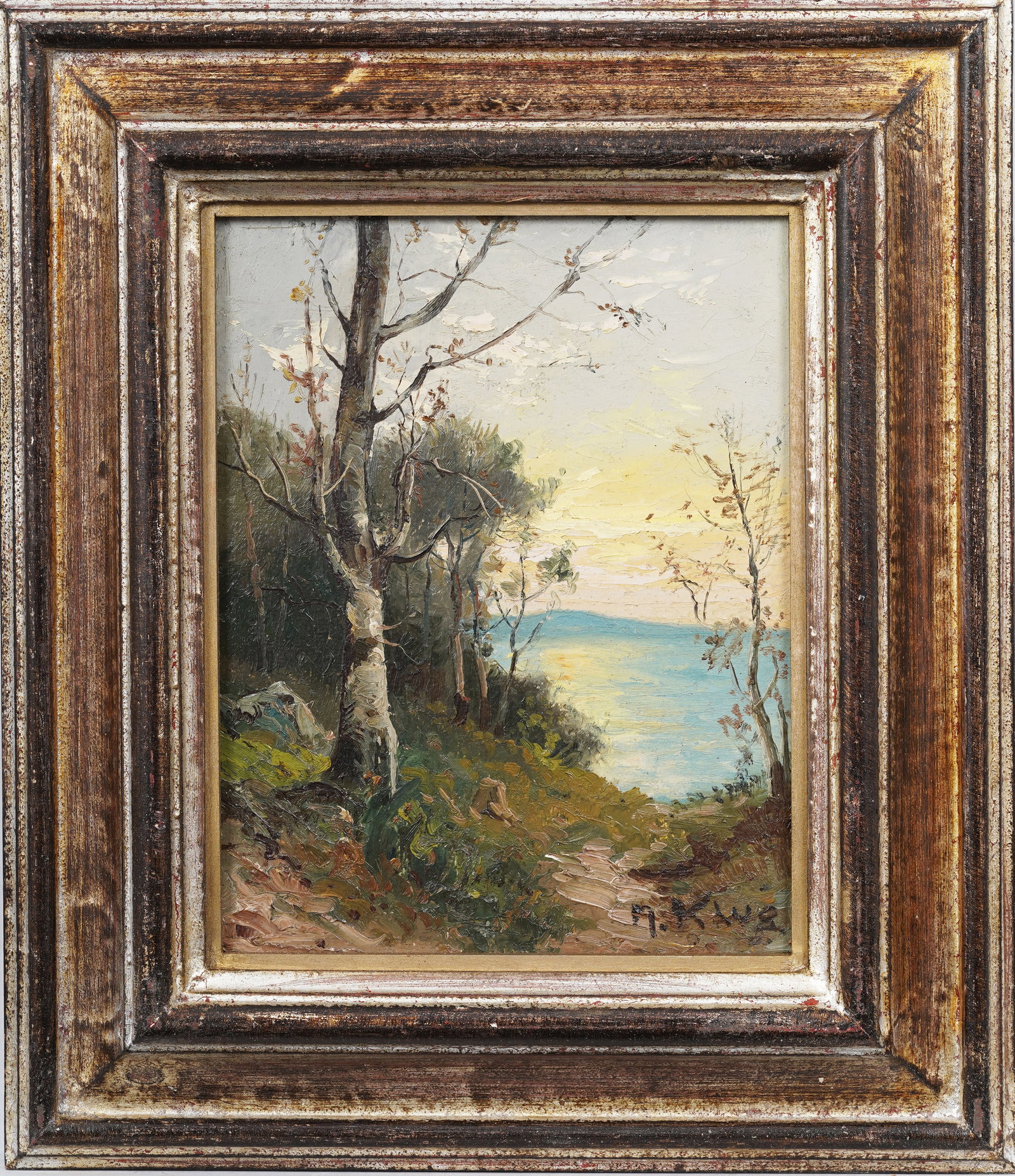 Vintage American Forest Interior Birch Tree Landscape Original Framed Oil Painting (1 of 8)