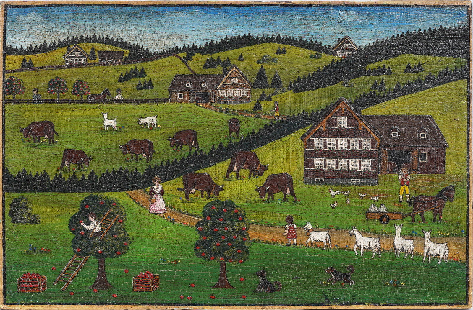 Vintage American Folk Art Farm Landscape Original Wimmelbilder Oil Painting: Vintage American oil painting. Oil on board. Measuring: 8.25 by 12.75 inches overall. Please see all images for condition. Size is measured and written on the back of the painting or next to each obje