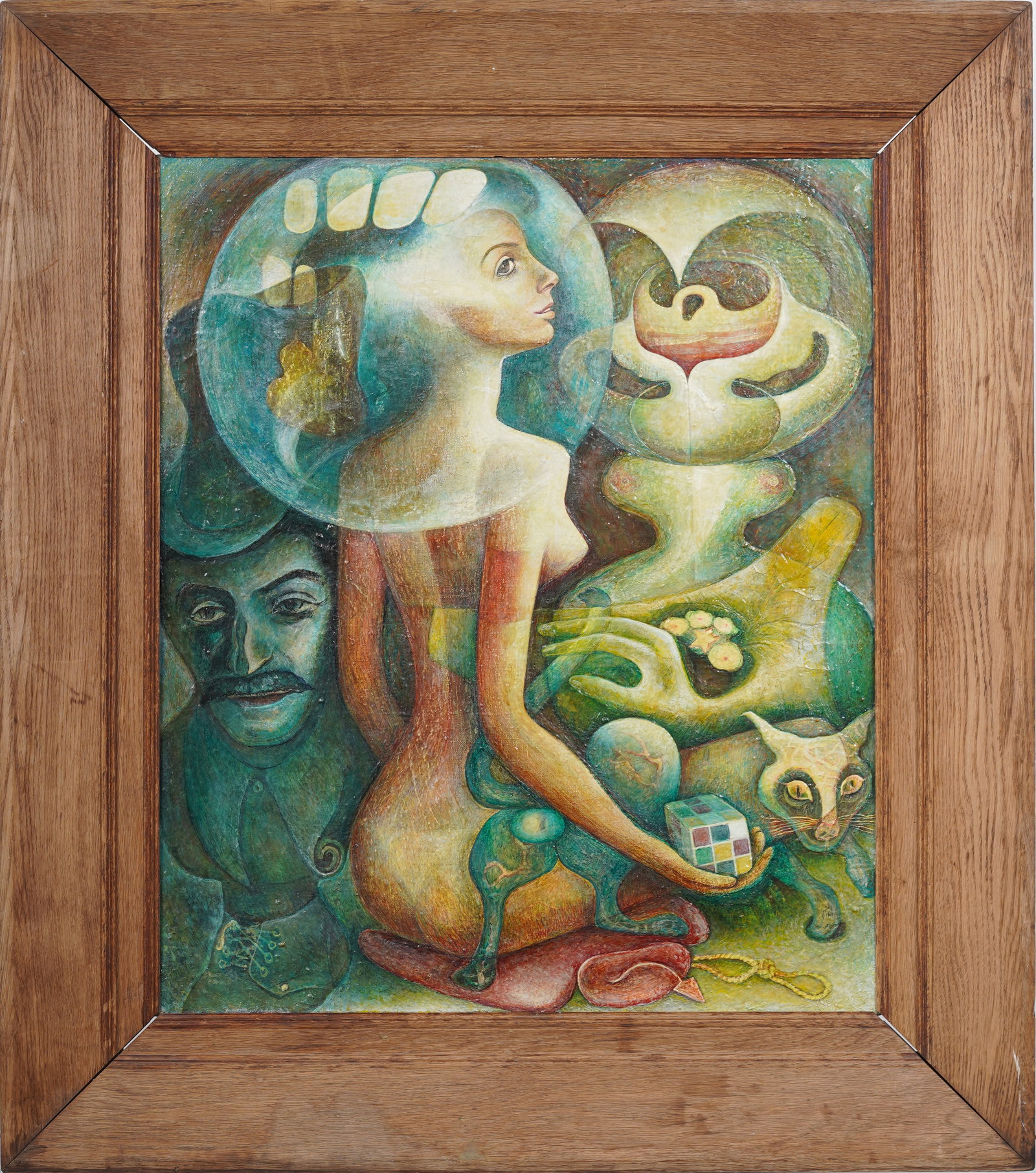 Lydia Kirillova (1931- 2023) Vintage Signed Surreal Modernist Woman Cat Portrait Framed Oil Painting (1 of 9)