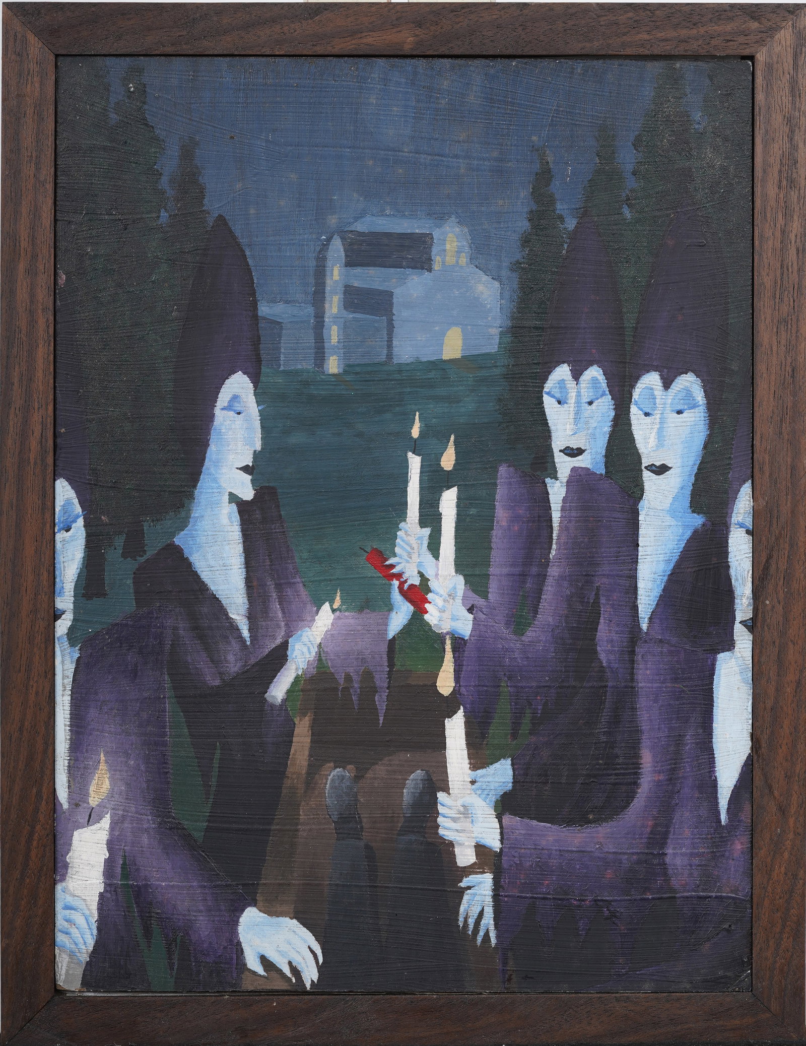 Vintage American School Framed Witches Macabre Cemetery Scene Original Oil Painting: Vintage American modernist witch portrait oil painting. Oil on canvas. Framed. Measuring: 14 by 18 inches overall, and 12 by 16 painting alone. Please see all images for condition. Size is measured an