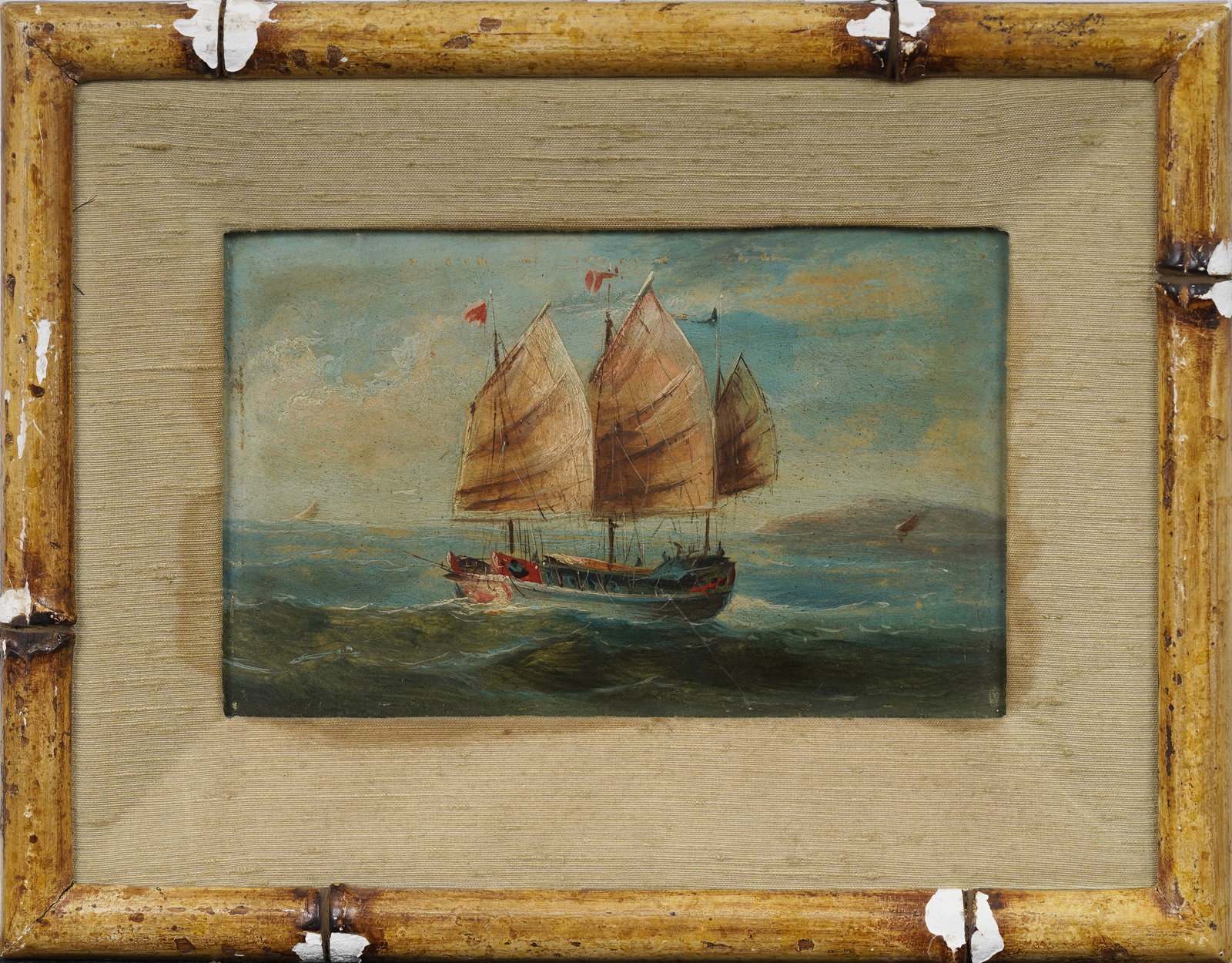 Very Small China Trade Junk Sailboat at Sea Original Maritime Landscape Framed Oil Painting (1 of 7)
