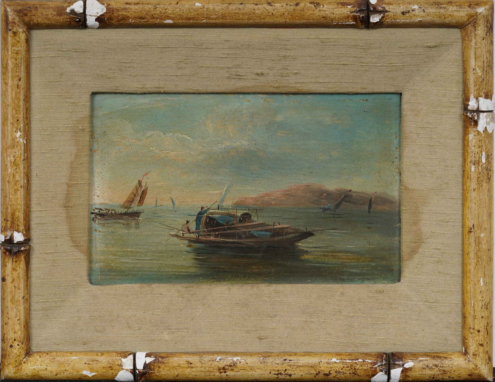 Very Small China Trade Junk Sailboat at Sea Original Maritime Landscape Framed Oil Painting (1 of 5)