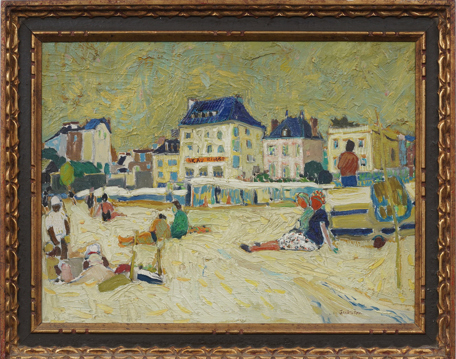 Signed Vintage French Beachfront Summer Day Group Scene Original Framed Oil Painting (1 of 12)