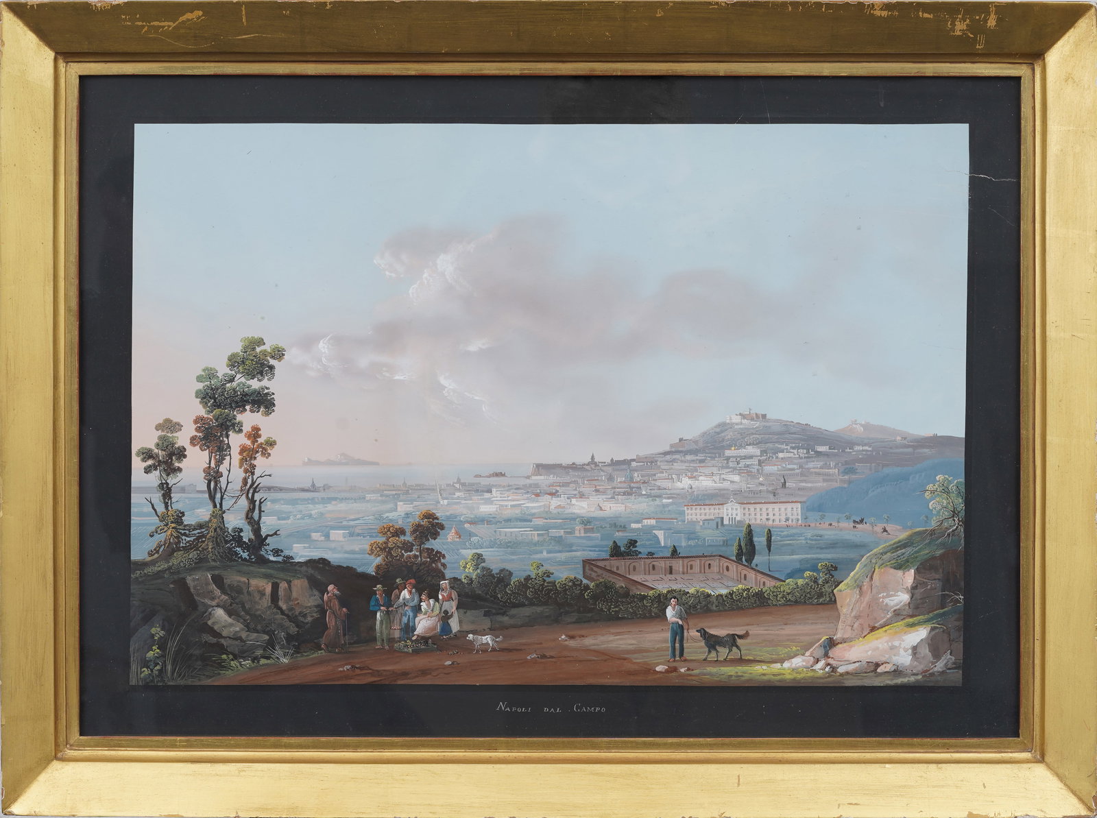 Antique Italian Realist Cityscape Large Neapolitan School Framed Original Gouache Painting: Antique Italian gouache cityscape painting. Gouache on paper. Framed. Measuring: 25 by 33 inches overall, and 17 by 25 painting alone. Please see all images for condition. Size is measured and written
