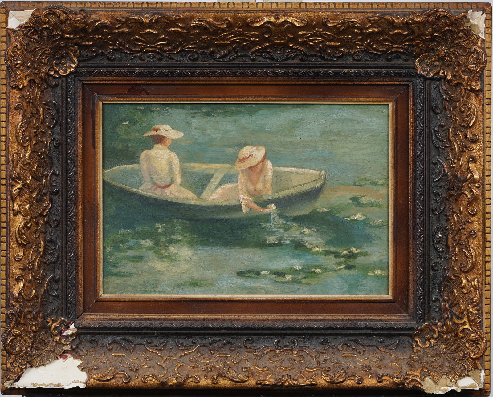 Vintage American Victorian Ladies Pleasure Boat Original Framed Oil Painting (1 of 6)