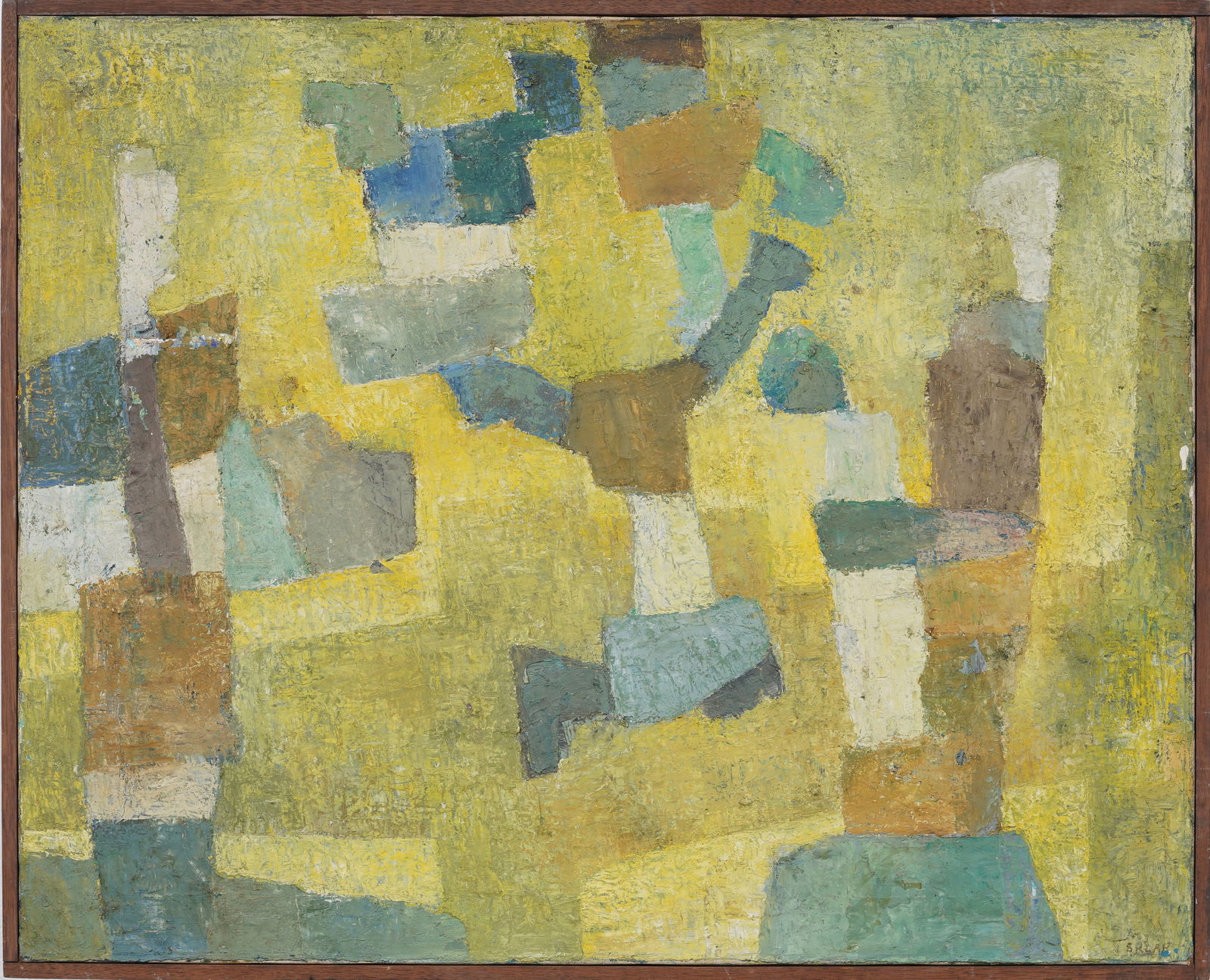 Signed Vintage American Modernist Geometric Abstract Frog Tones Original Oil Painting: Vintage American oil painting. Oil on canvas. Signed "Sklar". Framed. Measuring: 25 by 31 inches overall, and 24 by 30 painting alone. Please see all images for condition. Size is measured and written