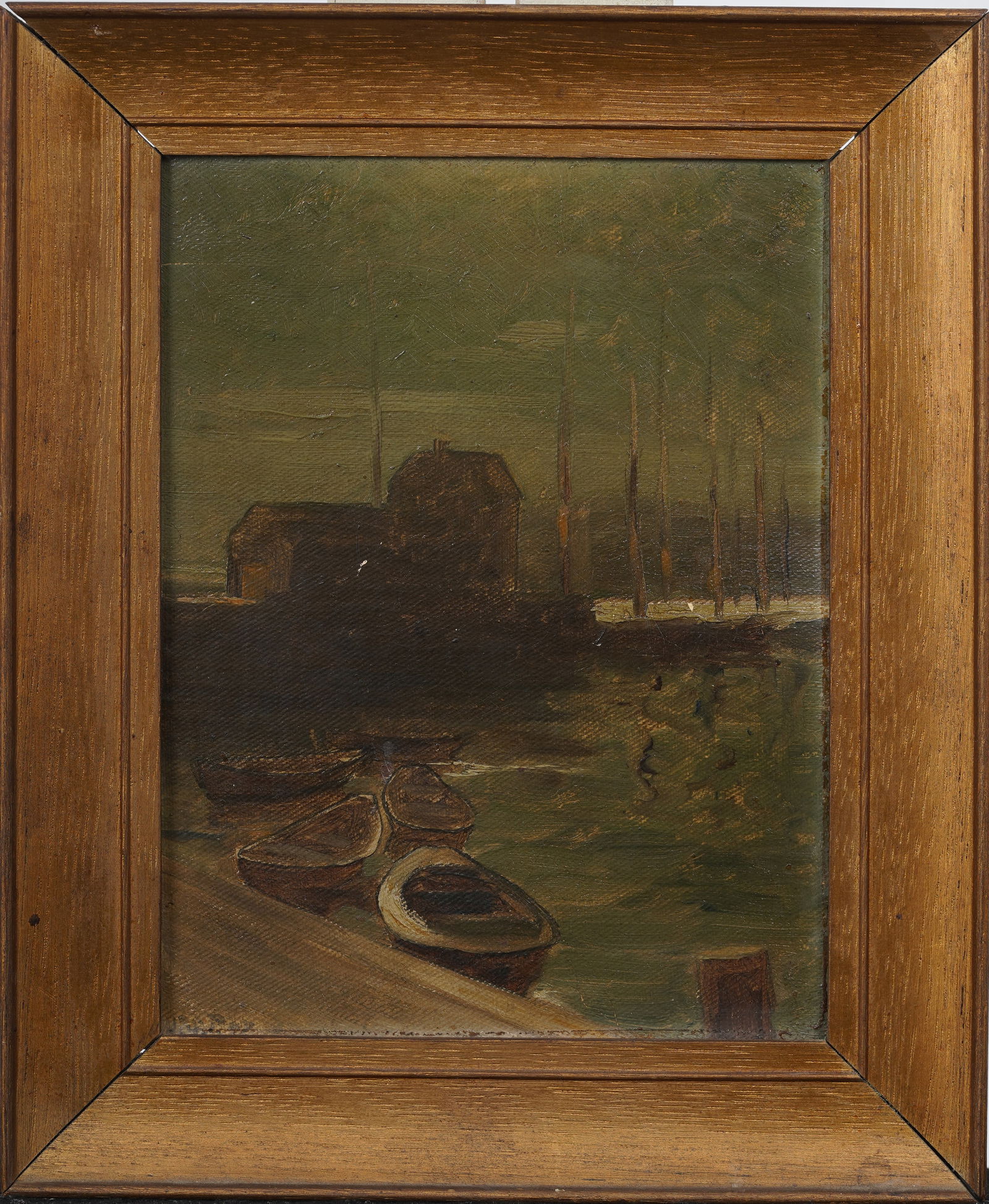 Vintage American Smoggy Rowboat Harbor Original Framed Oil Painting (1 of 5)