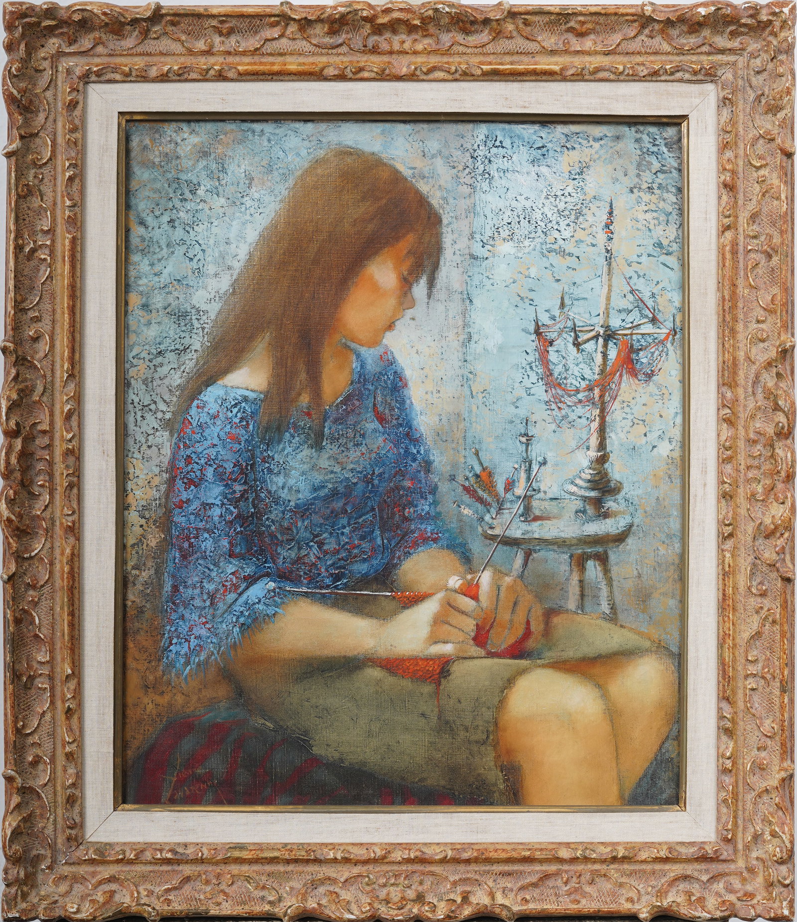 Signed Vintage European Modernist Knitting Woman Portrait Original Framed Oil Painting: Vintage European oil painting. Oil on canvas. Signed. Framed. Measuring: 24 by 21 inches overall, and 18 by 14.75 painting alone. Please see all images for condition. Size is measured and written on t
