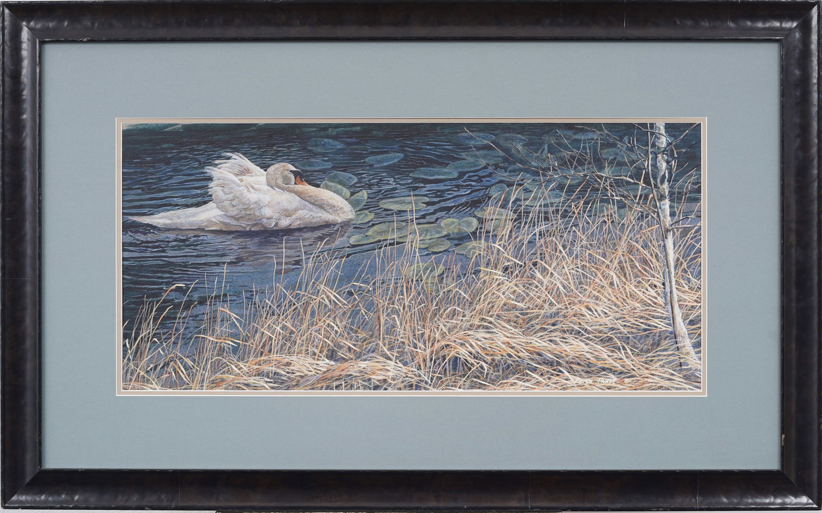 Peter Panse Contemporary American Swan Marsh Grass Intricate Original Framed Watercolor Painting: Vintage American watercolor painting. Watercolor on paper. Signed. Framed. Measuring: 26 by 43 inches overall, and 13.25 by 29.5 painting alone. Please see all images for condition. Size is measured a