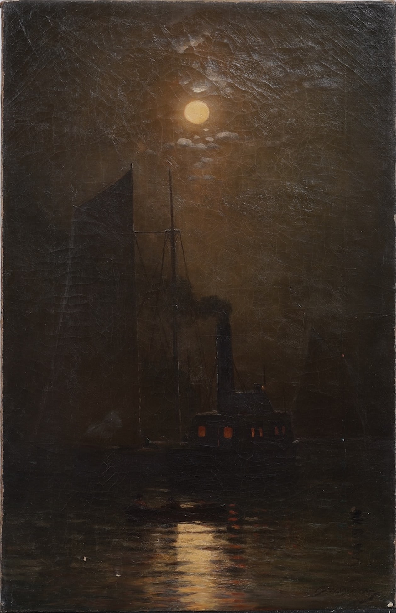 George W. Waters, 1832-1912 Signed Nocturnal American Moonlit Seascape Rare Antique Oil Painting (1 of 7)