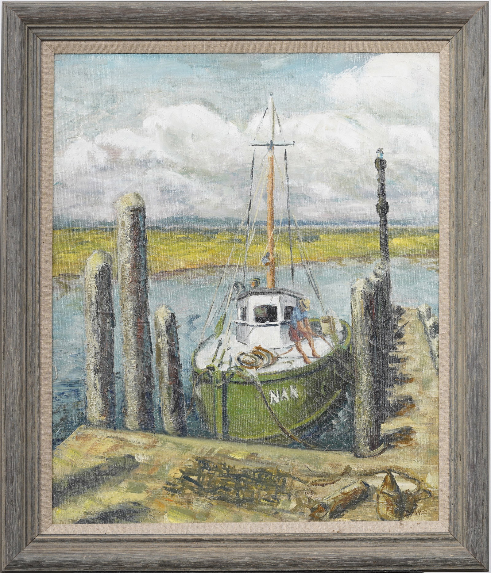 Signed Vintage American Impressionist Summer Fishing Boat Seascape Framed Original Oil Painting (1 of 7)