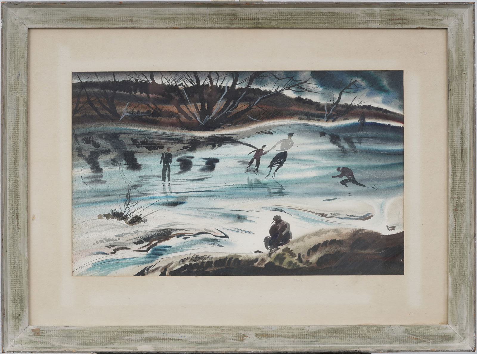 Arthur Healy 1902-1978 Vintage American Modernist Winter Ice Skating Framed Landscape Painting (1 of 7)