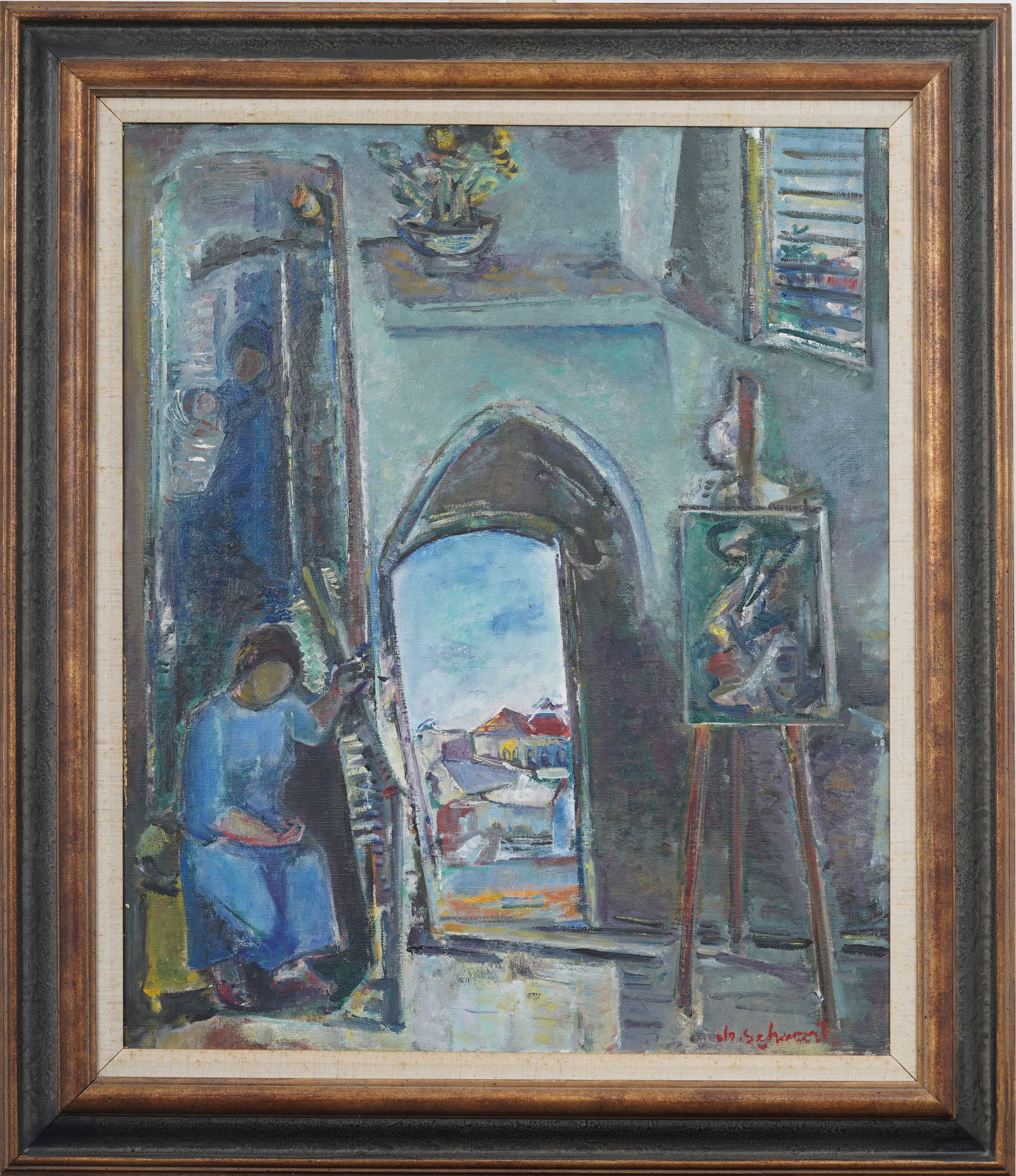 Large Signed Vintage European Cityscape Artist Studio Interior Scene Framed Original Oil Painting: Vintage European interior scene oil painting. Framed. Signed. Measuring: 32 by 37 inches overall, and 28 by 34 painting alone. Please see all images for condition. Size is measured and written on the