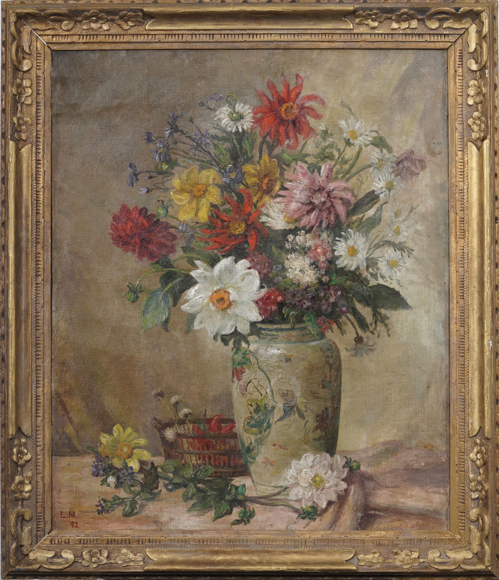 Antique American Impressionist Monogrammed 19th Century Flower Still Life Original Oil Painting: Antique American impressionist flower still life oil painting. Oil on canvas, lain to board. Signed. Measuring: 29 by 34 inches overall, and 24 by 29 painting alone. Please see all images for conditio
