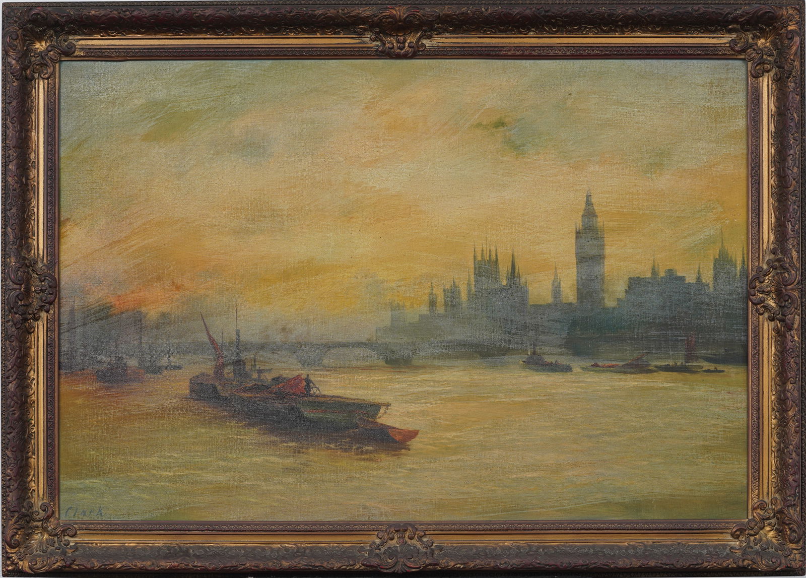 Antique English Sunset Landscape Framed Cityscape London Bridge Oil Painting Signed "Clark": Antique English sunset cityscape oil painting. Oil on canvas. Framed. Measuring: 30 by 42 inches overall, and 24.5 by 36 painting alone. Please see all images for condition. Size is measured and writt