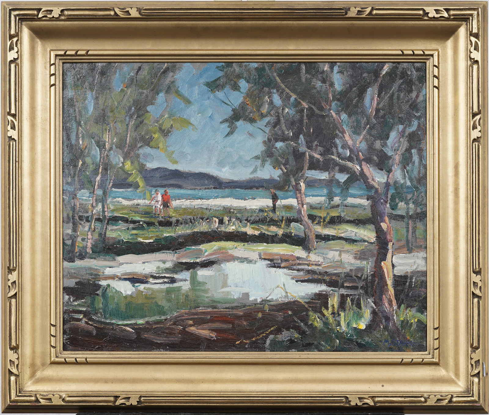 Melville F Stark 1903-1987 Vintage American Impressionist Coastal Beach Scene Original Oil Painting: Vintage American impressionist beach scene oil painting. Oil on board. Framed. Measuring: 23 by 27 inches overall, and 16 by 20 painting alone. Please see all images for condition. Size is measured an